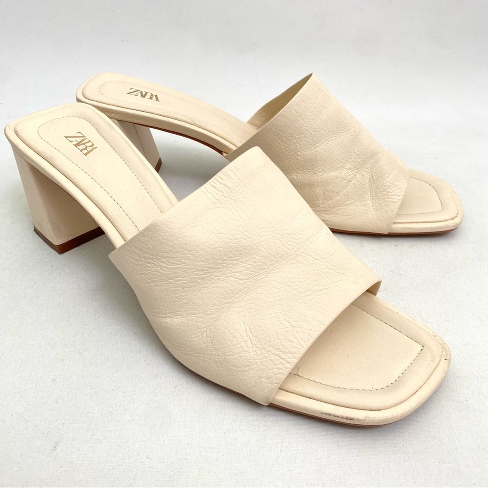 ZARA Chunk Heel Square Toe Sandals 9 / 40 Off White Leather Slip On Open Toe